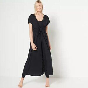 Belle Beach by Kim Gravel Regular Slub Knit Tie Front Cover Up-Black-M/L